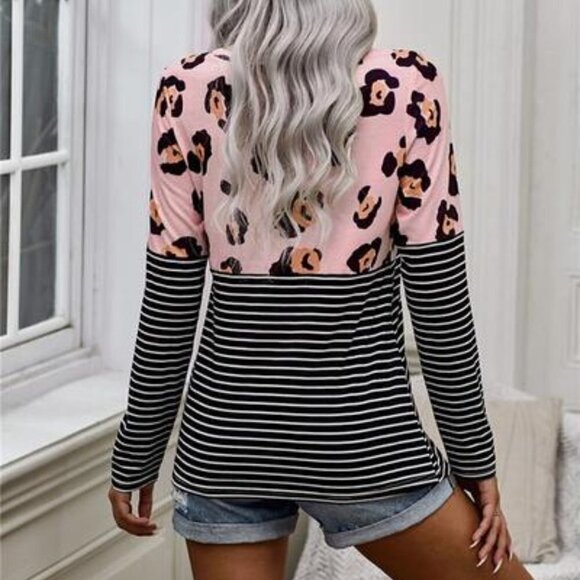 TRÏBE Pink & Black Animal Print Striped Long Sleeve Top Size Large NWT - Picture 3 of 3